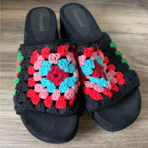 Jeffrey Campbell Nonna Crocheted Platform Slide Sandal In Black Suede Multi, 10M - Picture 6 of 7